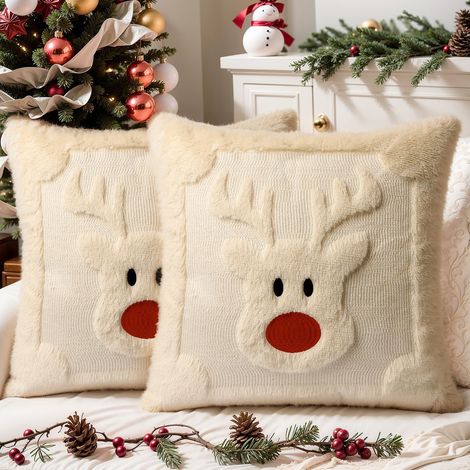 Ensemble de 2 taies d'oreiller de Noël en fausse fourrure, 45 x 45 cm, motif rennes beige doux et moelleux, style ferme. (1/5)