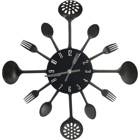 Horloge murale en aluminium noir et ornement cuillère/fourchette, 40 cm. (1/5)