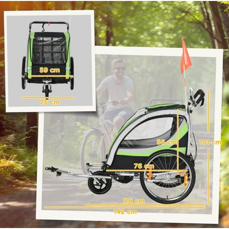 MEUBLIV rimorchio bici per bambini 2 in 1, 2 posti, verde – spinta, pioggia, freni (1/5)