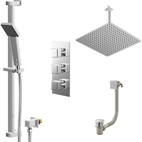 Cubix Polished Chrome Concealed Triple Thermostatic Shower Valve with Diverter and 400mm Square Head with 300mm Ceiling Arm and Thames Slide Rail Kit with Free-Flow Bath Filler - 3 Outlet (1/5)
