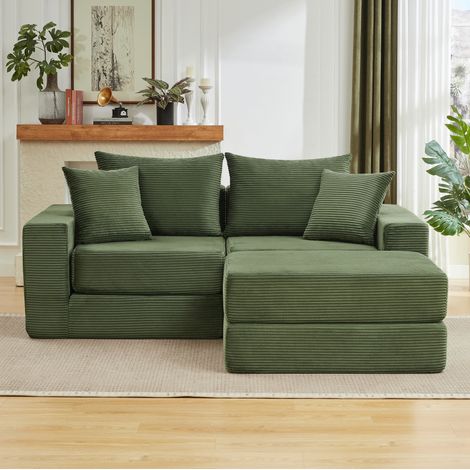 Divano modulare multifunzionale a 2 posti trasformabile in letto per gli ospiti, tessuto a coste verde, base antiscivolo. (1/5)