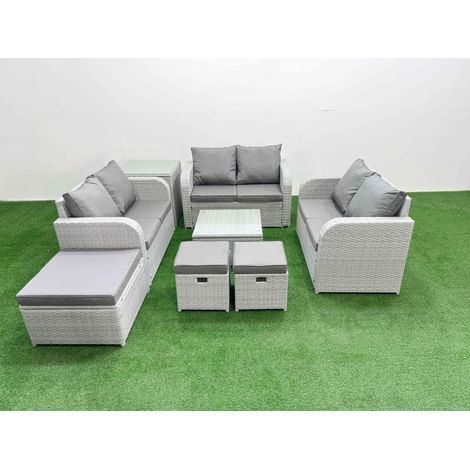 Fimous 9 Seater PE Wicker Rattan Furniture Sofa Sets with Square Coffee Table 2 Seater Love Sofa 3 Stool Side Table Light Grey (1/4)