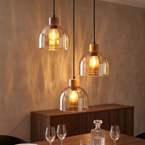 Pendelleuchte Hängelampe Metall schwarz matt Glas Holz Esszimmerlampe H 130 cm (1/5)