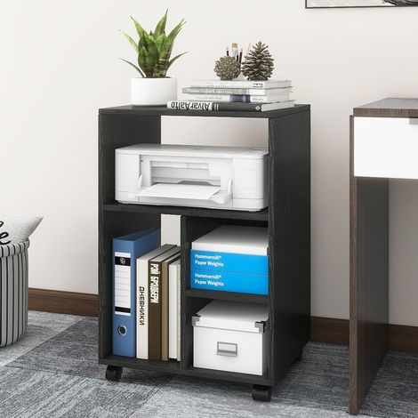 Mobile Filing Cabinet with 4 Open Compartments, All-in-One Black Wooden Rolling Printer Stand with Storage (1/5)