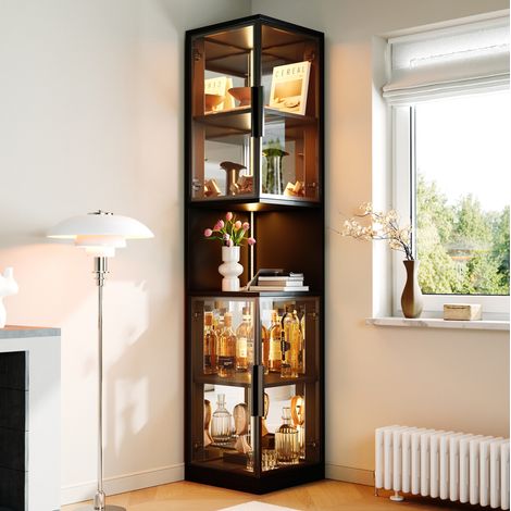 Vitrine LED 42x44x205 cm en panneaux de bois noir, avec rangement, salon FloraGrace (1/5)