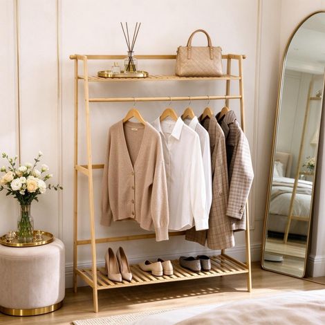Penderie mobile - Armoire en bambou - portant à vêtements avec 2 étagères, 2 crochets et 1 tringle, Naturel (1/5)