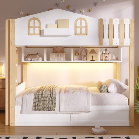 Lit superposé cabane 90x200 cm,rangement hydraulique,LED,étagères ouvertes,échelle réversible-MDF et pin-blanc et bois naturel (1/5)