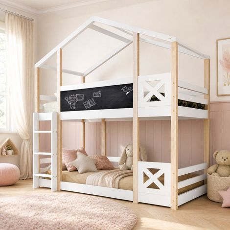 CHICFURN Cama alta infantil 90x200 cm de pino y MDF blanca estilo casita, sin colchón (1/5)