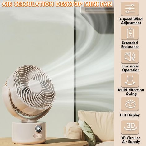 Ventilatore da Tavolo USB Silenzioso 3600mAh, 3 Velocità, Oscillazione 120° e Inclinazione 140°, Design Moderno con Pale Bioniche, Ideale per Ufficio e Camera da Letto (1/4)