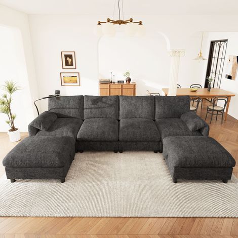 Canapé d’angle modulable en U ou L 6 places 273,5x133x81cm avec 2 poufs coffre, USB-C,support téléphone 360°,chenille,gris (1/5)