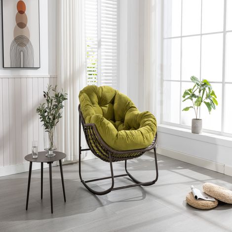 Fauteuil à bascule d'extérieur en rotin, avec coussin rembourré, pour porche, salon, terrasse, jardin, vert olive (1/5)