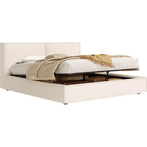 Cama con canapé abatible 180 x 200 cm con somier, cabecero tapizado, lino beige HAVRYA (1/5)