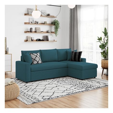 Loungitude – Canapé d'angle convertible réversible avec coffre de rangement – Tissu bleu canard – Dimensions 223 x 148 x 81 cm – Couchage 135 x 195 cm (1/10)
