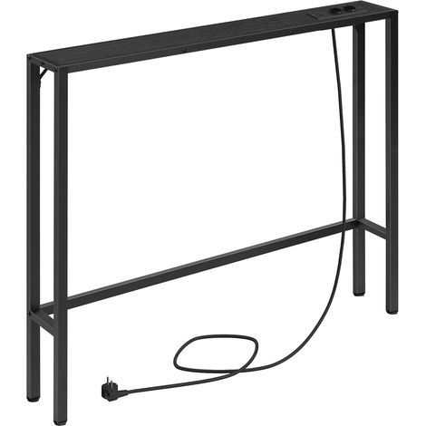 Table d’Appoint de 100 cm, Table d’Entrée avec Prises et Ports USB, Bout de Canapé étroit, Cadre Métallique, Pieds Réglables, pour Couloir, Salon, Chambre, Noir (1/5)