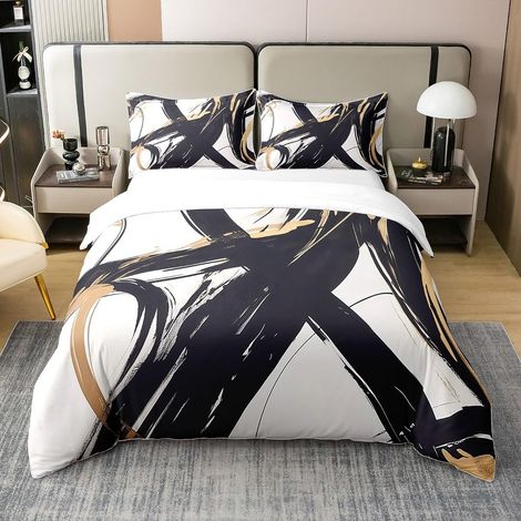 Parure de lit avec housse de couette de 155 x 220 cm, impression géométrique moderne, ligne d'encre minimaliste, noir doré, 100 % coton, pour la maison (1/5)