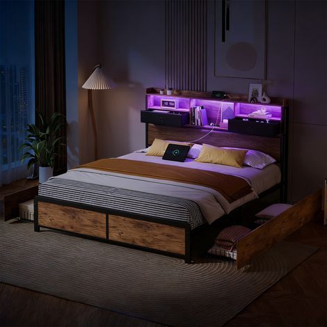 Lit double adulte 140x200 cm avec éclairage LED, sommier à lattes, tiroirs et rangement de chevet, similicuir noir