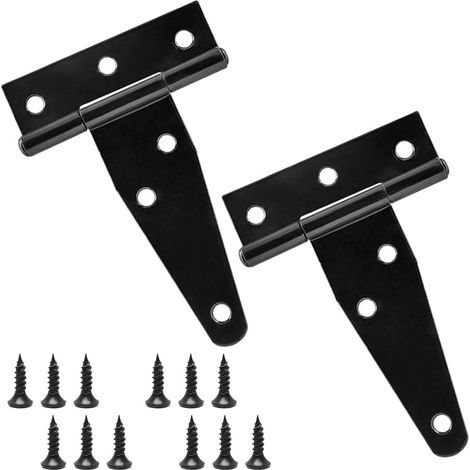 Lot de 2 charnières en T robustes de 75 mm, charnières de porte en bois noires à 6 trous avec vis, angle ouvert de 270°, revêtement antirouille, pour portail de jardin, clôture, volets, abris (1/5)