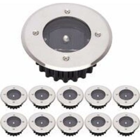 Lote de 10 lámparas solares de suelo con LED para iluminación exterior, poste de calle, luz empotrada IP65 impermeable (blanco frío, redonda) [Clase energética A+] (1/4)