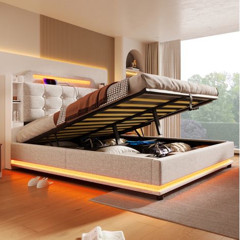 Cama matrimonio 140x200 con almacenaje LED lino beige OKMYHOME (1/5)