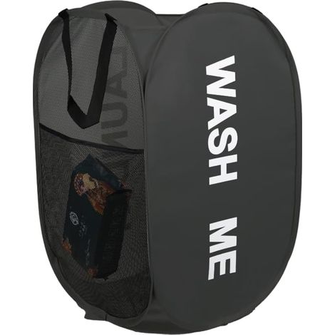 Panier à linge pliable, corbeille pop-up avec poignée, noir, pour salle de bain, chambre, buanderie ou voyage. (1/5)