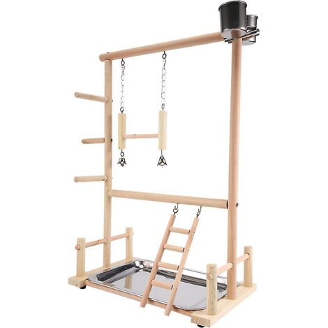 Fei Yu – Perchoir en bois naturel pour perroquets – Support de jeu avec échelles et mangeoires en acier inoxydable – Dimensions 36,5 x 23 x 57 cm