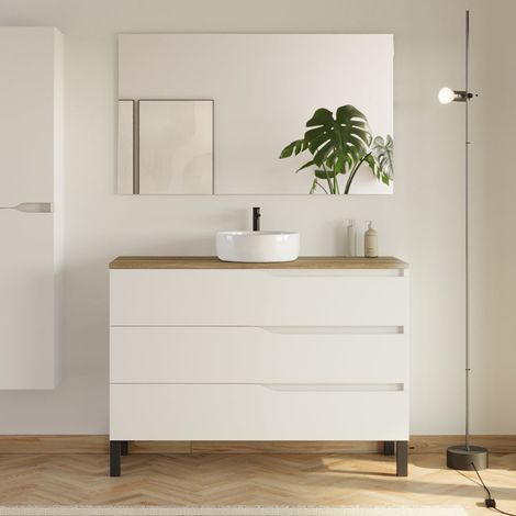 Meuble de salle de bain 120cm avec plateau miel et vasque à poser - 3 tiroirs - blanc - MATA (1/5)