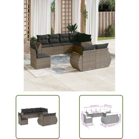 The Living Store Salon de jardin 8 pcs avec coussins gris résine tressée - Ensemble Salon De Jardin - Mobilier De Jardin - Canapé Extérieur - Fauteuil Jardin - Set Salon Exterieur (1/3)