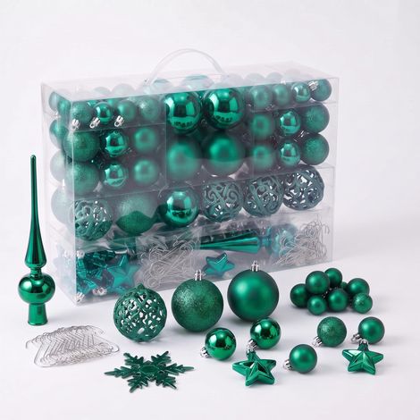 Kunststoff Christbaumkugel Set 111-teilig bruchsicher - grün - Design Weihnachtskugeln inklusive Metall Haken