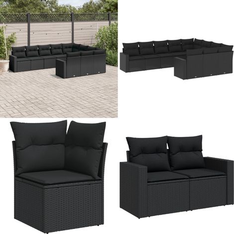 Salon de jardin 10 pcs avec coussins noir résine tressée - Salon De Jardin - Meuble De Jardin - Salon Extérieur - Ensemble De Canapés - Résine Tressée - Home & Living (1/5)