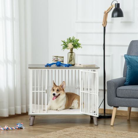 Cage de transport pour chien en bois, avec coussin, 86 cm x 60 cm x 70 cm, en composite de bois et acier, blanc et gris.
