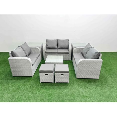 Fimous 8 Seater PE Wicker Rattan Furniture Sofa Sets with Square Coffee Table 2 Seater Love Sofa 2 Stool 2 Side Table Light Grey (1/4)