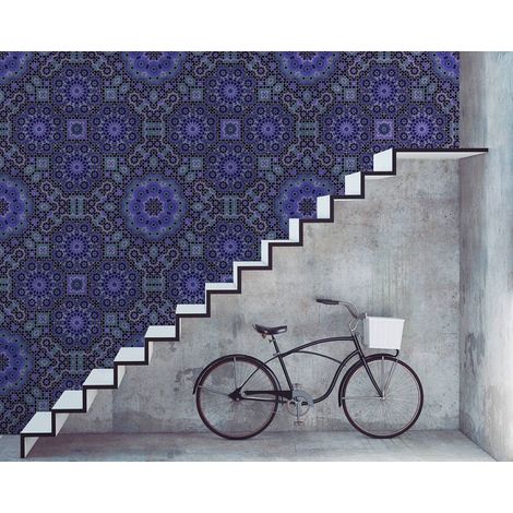 Papier peint panoramique salon & salle de bain | Tapisserie panoramique bleu originale à motif | Papier peint panoramique oriental bleu foncé - 270 x 400 cm (4 pièces) (1/5)