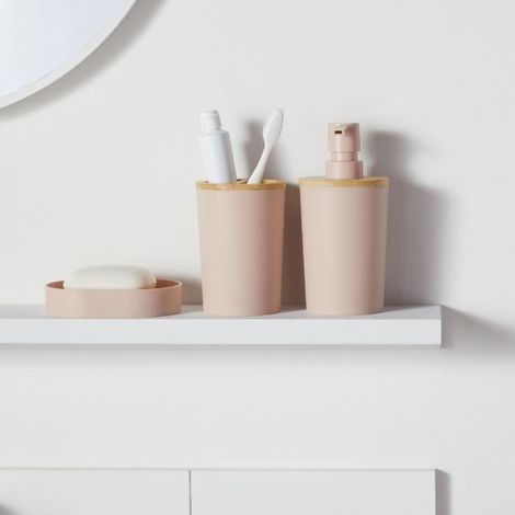 Set aus 6 Badezimmer-Accessoires - TODAY - UTILITY - Seifenspender, Becher, Zahnbürstenhalter, Seifenschale, WC-Bürste, Mülleimer - Pink
