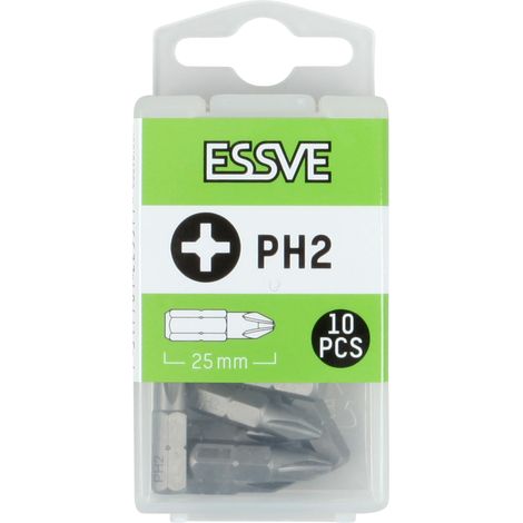Punte ESSVE PH2 con attacco esagonale da ¼” per cacciavite, 25 mm, 10 pezzi (1/2)
