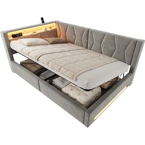 Lit capitonné 140x200 cm avec coffre de rangement, velours gris foncé, LED tête et pied, USB et Type-C, sommier relevable hydraulique pour chambre – CHICFURN (1/5)