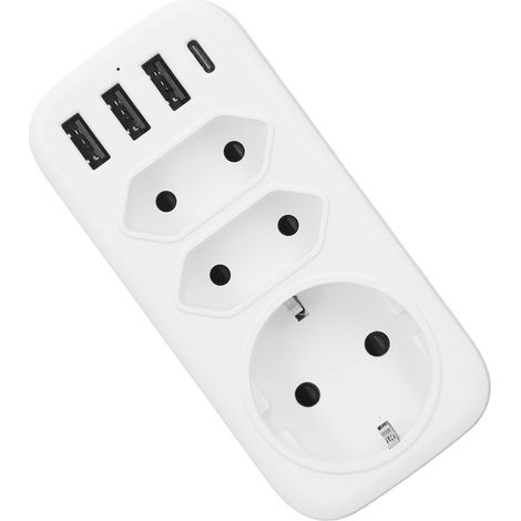 Adaptateur multiprise 3 prises + 3 ports USB + 1 port Type-C, prise multiple européenne, convertisseur secteur AC100-250V, bloc extensible multifonction. (1/5)