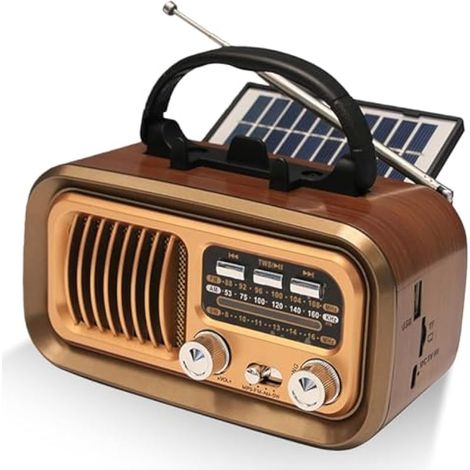 Radio rétro portable avec Bluetooth, AM/FM/SW, solaire, fonctionnement sur piles/cellules D, haut-parleur, radio de cuisine avec panneau solaire, support pour téléphone portable, prend en charge les (1/5)