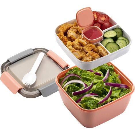 Boîte à bento, boîte à lunch, récipient à salade avec récipient à vinaigrette, 3 compartiments (1/5)
