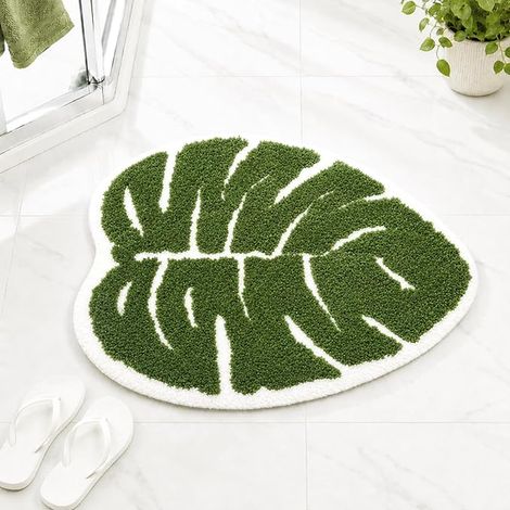 Tapis Feuille Verte Antidérapant Lavable Microfibre Tapis Absorbant Salle De Bain Séchant Douche Baignoire 60x53cm