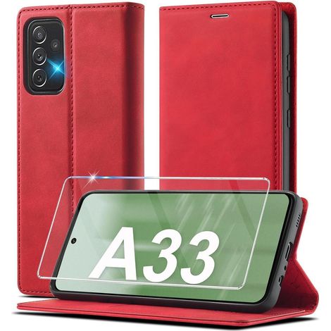 Coque portefeuille en cuir pour Samsung Galaxy A33 5G avec béquille et porte-cartes rouge (1/5)