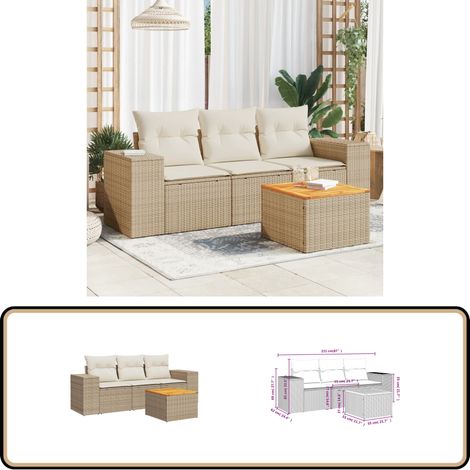 Salon de jardin avec coussins 4 pcs beige résine tressée - Ensemble Salon De Jardin - Meuble Extérieur - Résine Tressée - Rotin Synthétique - Fauteuil Jardin