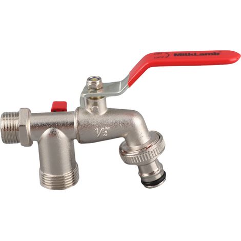 Doppelventil-Wasserhahn für Waschmaschinenschlauch, aus galvanisierter Zinklegierung, 1 Einlass, 2 Auslässe, für den Wasserzulaufschlauch der Waschmaschine (1/5)