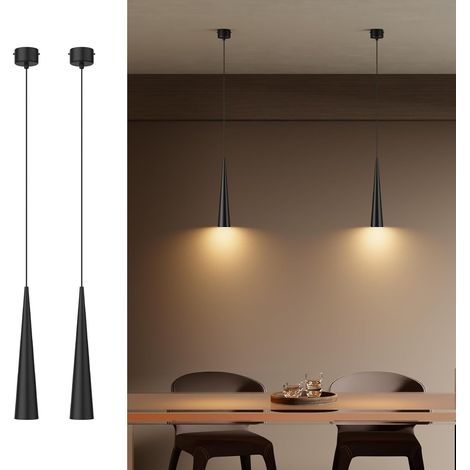 2 Pièces Lustre, Conique Noir, Blanc Chaud 3000K, Aluminium, Longueur Réglable, Salon, Salle à Manger