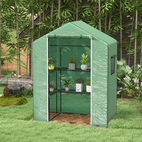 Serra con 1 porta, 2 finestre e 2 ripiani a U per la coltivazione di piante, 140x73x190 cm, verde