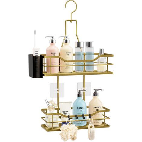 Organiseur de douche à suspendre - Organiseur de salle de bain à 2 niveaux avec crochet supérieur rotatif à 360° et 4 crochets, étagère de douche noire antirouille à suspendre pour shampooing (1/5)