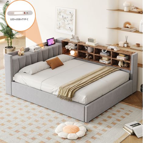 Sofá cama 140/200 cm gris claro de terciopelo con arcón hidráulico, luz nocturna y puertos USB/Type-C (1/5)