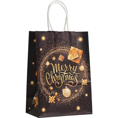 Set mit 12 wiederverwendbaren, schwarz-goldenen Weihnachtsgeschenktüten mit Henkeln zum Verpacken von Weihnachtsgeschenken, 21 x 15 x 7 cm (Frohe Weihnachten)