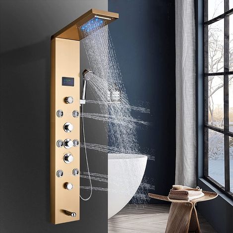 Shower Panel Gold Stainless Steel LED Rainfall Waterfall Shower 6 Functions with Massage Nozzle Rainfall Hand Shower Bath Spout Bathroom Wall Mounted Shower Panel (1/5)