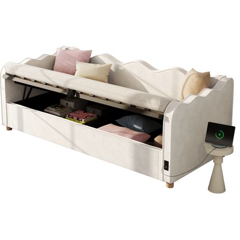 Lit banquette 90x200 cm style poétique en velours beige avec coffre hydraulique, sommier à lattes, prise USB et Type-C (1/5)