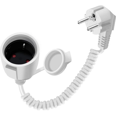 Rallonge Schuko Cable Spirale 16A 250V Rallonge Électrique Schuko Coudée à 90° de 0,6m à 1.5 m Max Contact de Protection IP44 pour Une Utilisation Appareils Ménagers (Blanc, 1.5 m) (1/5)
